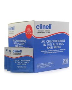 Clinell Alcoholic 2% CHG Skin Wipe I/W Blue (200)